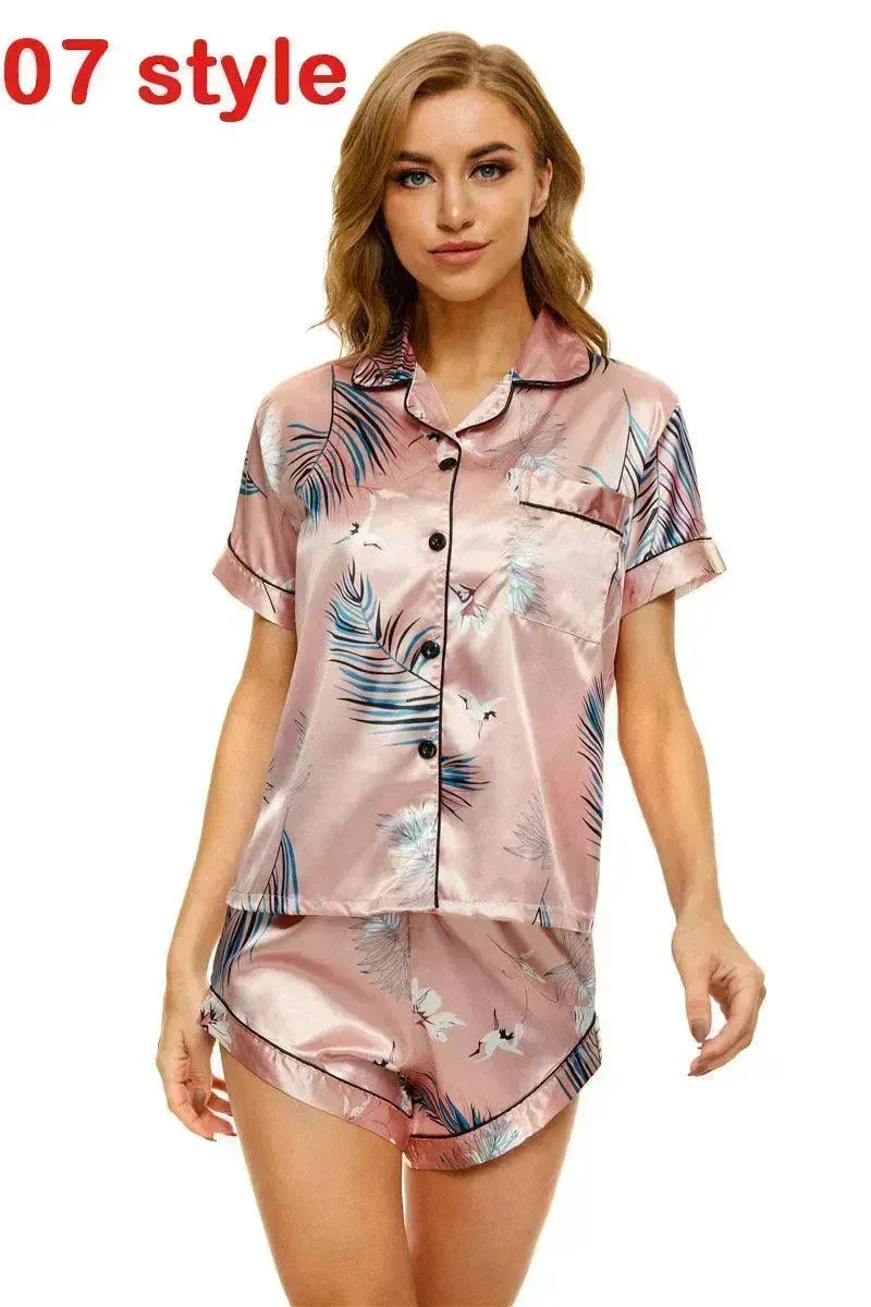 2024 Summer Satin Women Pajamas Print V-Neck Stretch Lingerie Sleepwear Casual Shorts Set Loungewear