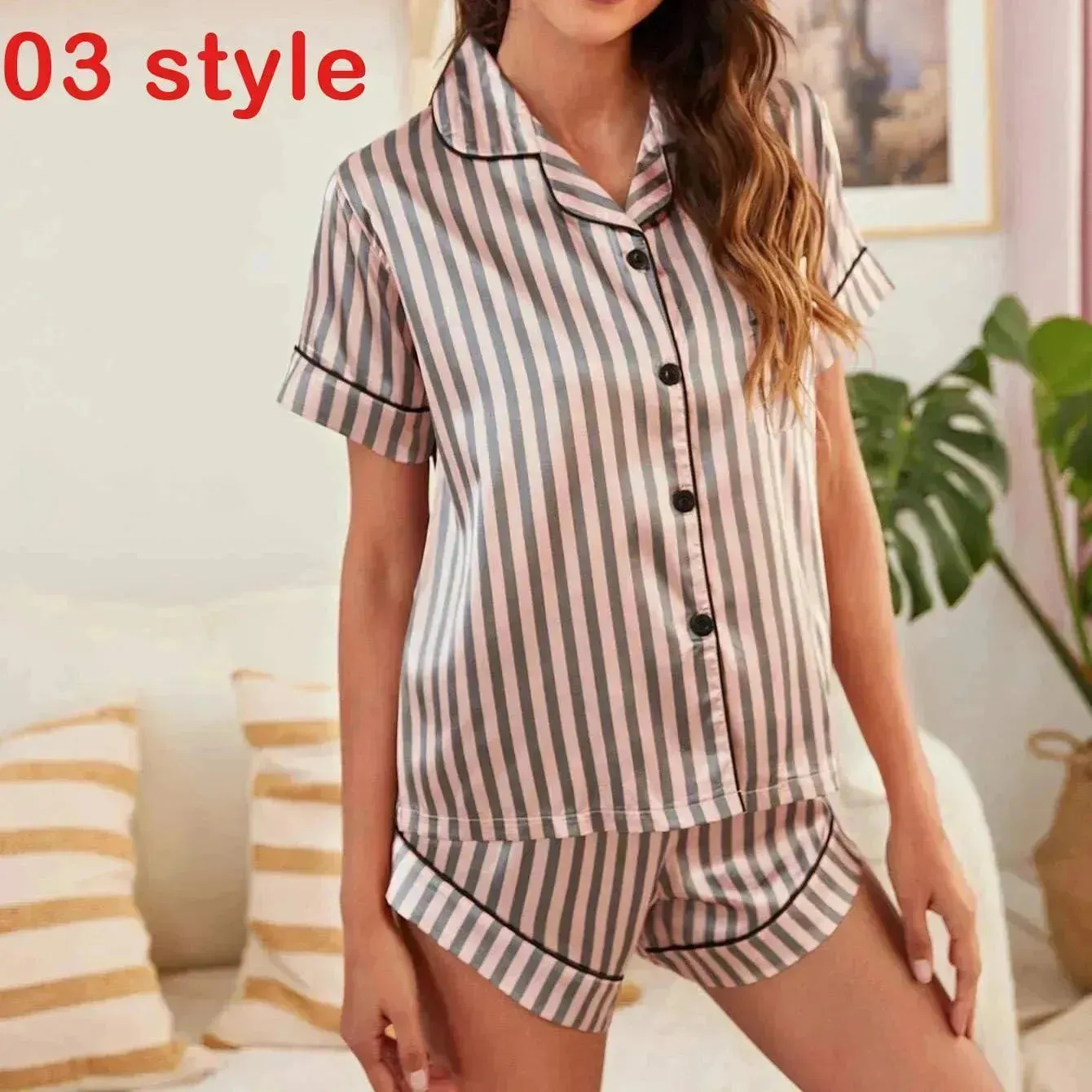 2024 Summer Satin Women Pajamas Print V-Neck Stretch Lingerie Sleepwear Casual Shorts Set Loungewear