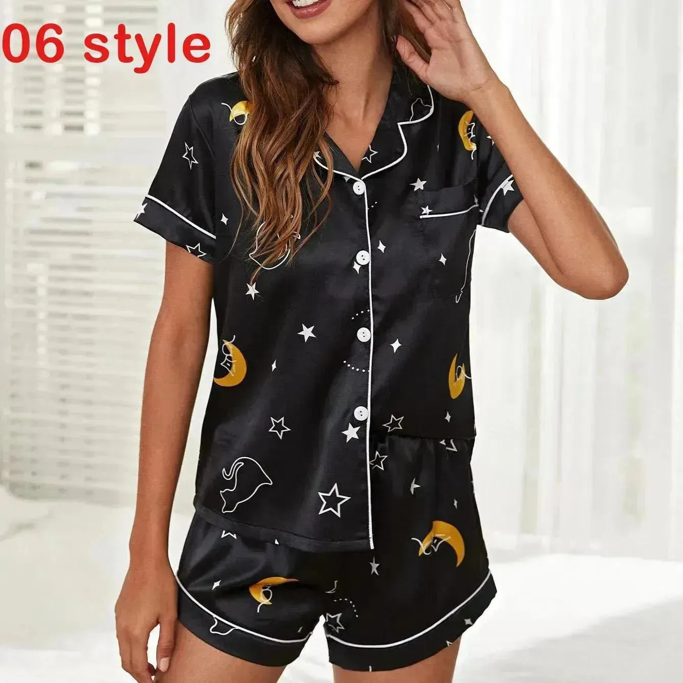 2024 Summer Satin Women Pajamas Print V-Neck Stretch Lingerie Sleepwear Casual Shorts Set Loungewear