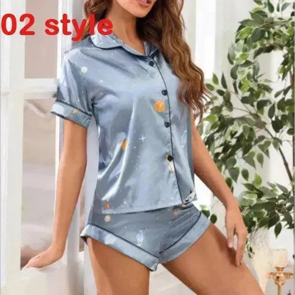 2024 Summer Satin Women Pajamas Print V-Neck Stretch Lingerie Sleepwear Casual Shorts Set Loungewear