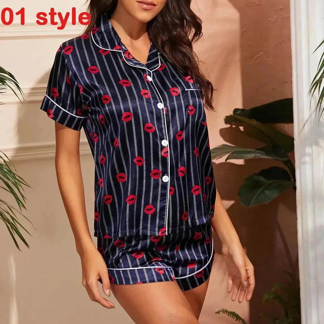 2024 Summer Satin Women Pajamas Print V-Neck Stretch Lingerie Sleepwear Casual Shorts Set Loungewear