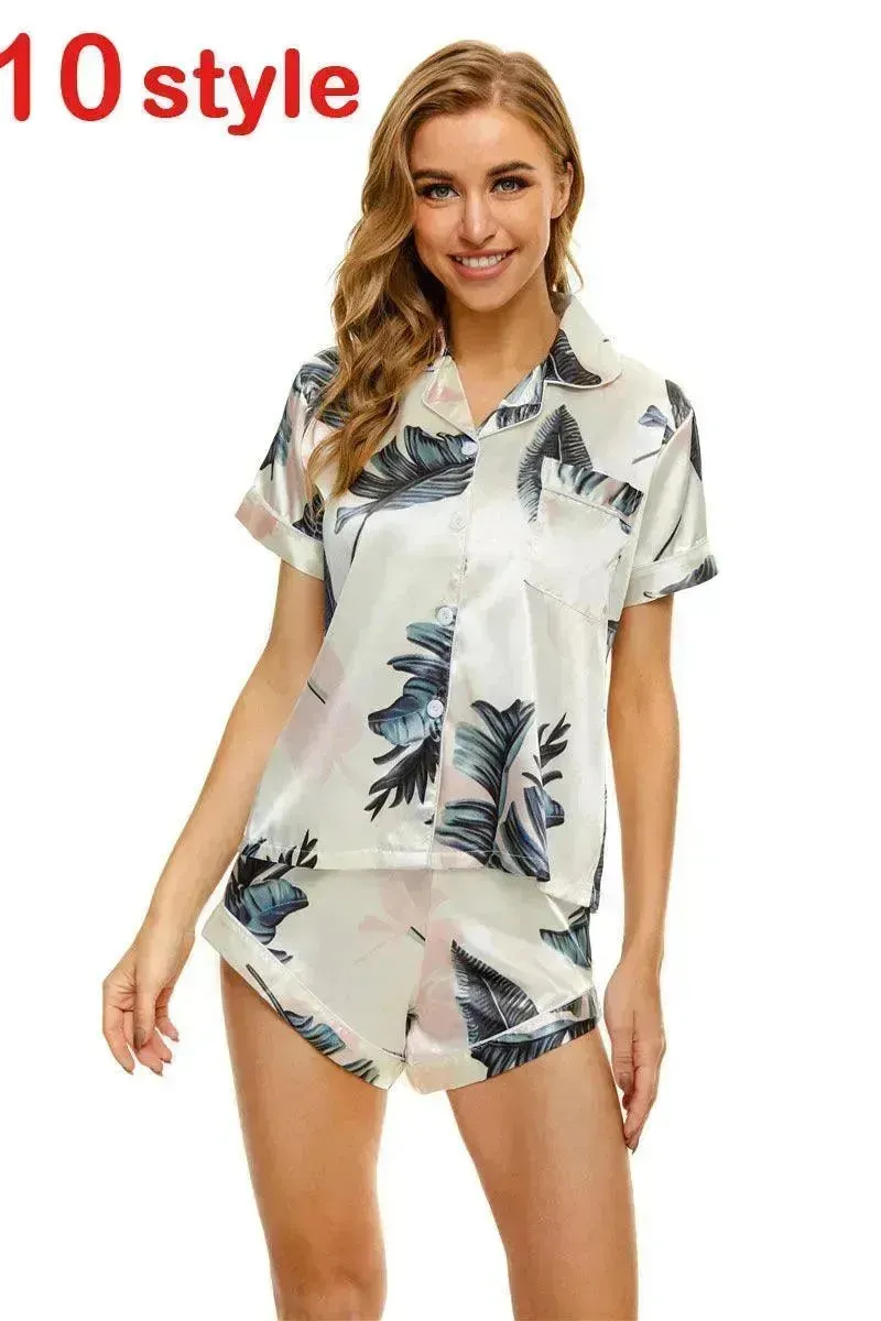 2024 Summer Satin Women Pajamas Print V-Neck Stretch Lingerie Sleepwear Casual Shorts Set Loungewear