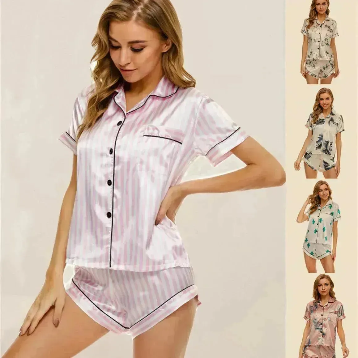 2024 Summer Satin Women Pajamas Print V-Neck Stretch Lingerie Sleepwear Casual Shorts Set Loungewear