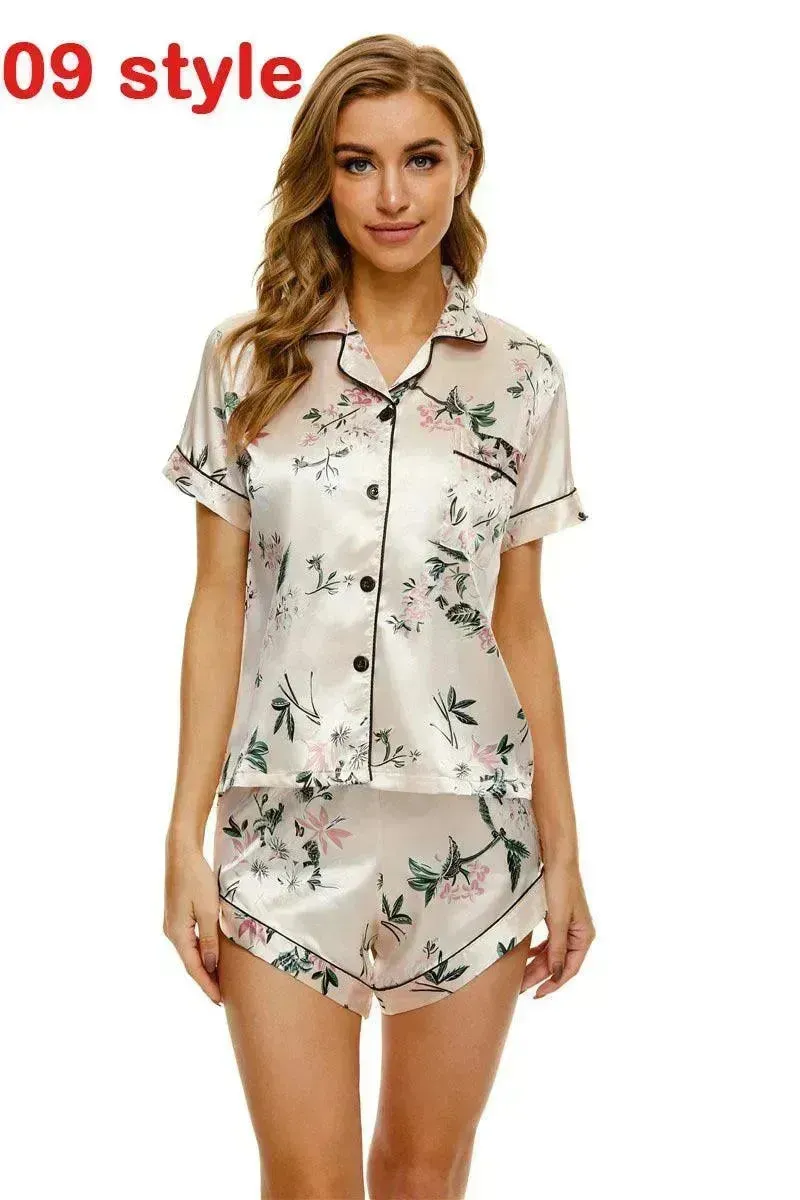 2024 Summer Satin Women Pajamas Print V-Neck Stretch Lingerie Sleepwear Casual Shorts Set Loungewear