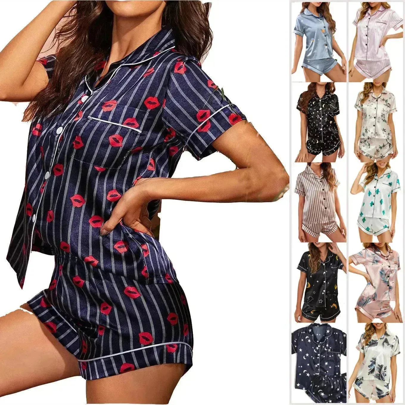 2024 Summer Satin Women Pajamas Print V-Neck Stretch Lingerie Sleepwear Casual Shorts Set Loungewear