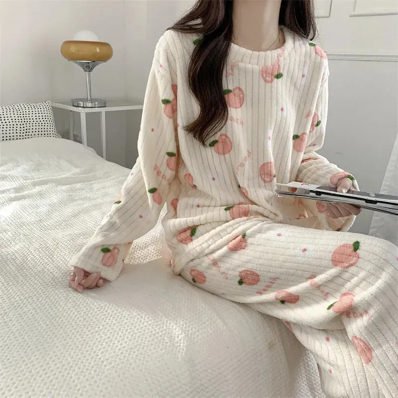 2pcs Women's Fall Winter Warm Pajamas Sets Coral Long Sleeve Cute Cartoon Bear Sleepwear Nightclothes