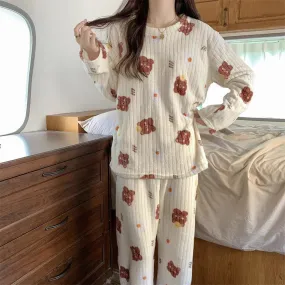 2pcs Women's Fall Winter Warm Pajamas Sets Coral Long Sleeve Cute Cartoon Bear Sleepwear Nightclothes