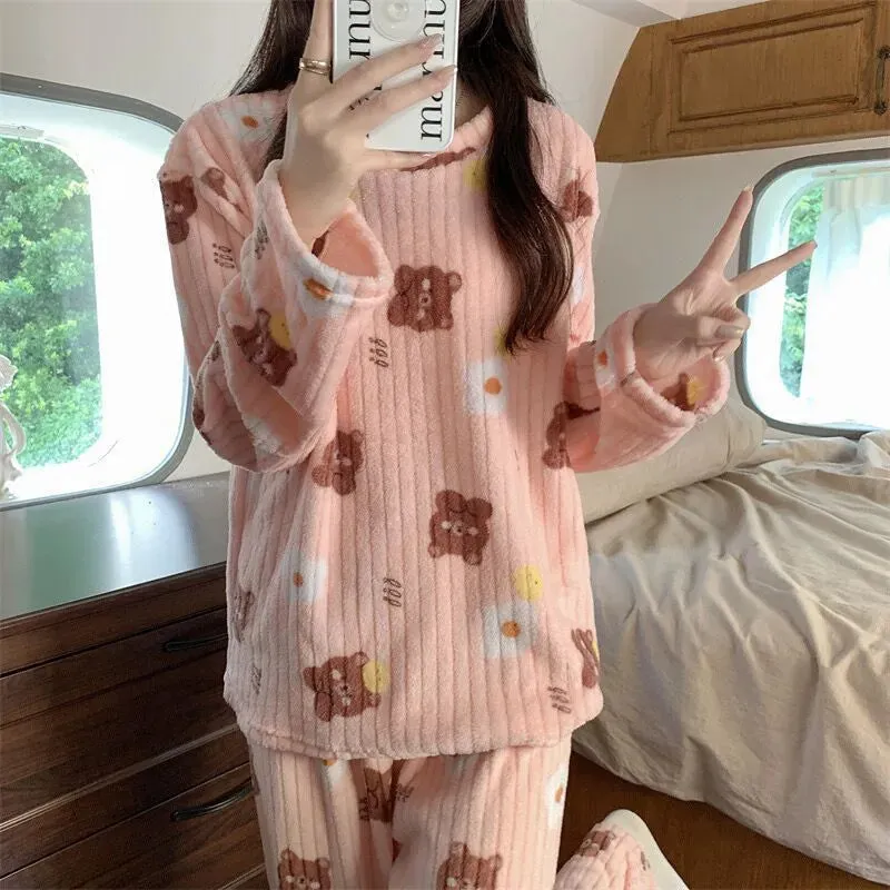 2pcs Women's Fall Winter Warm Pajamas Sets Coral Long Sleeve Cute Cartoon Bear Sleepwear Nightclothes