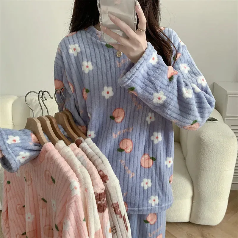 2pcs Women's Fall Winter Warm Pajamas Sets Coral Long Sleeve Cute Cartoon Bear Sleepwear Nightclothes