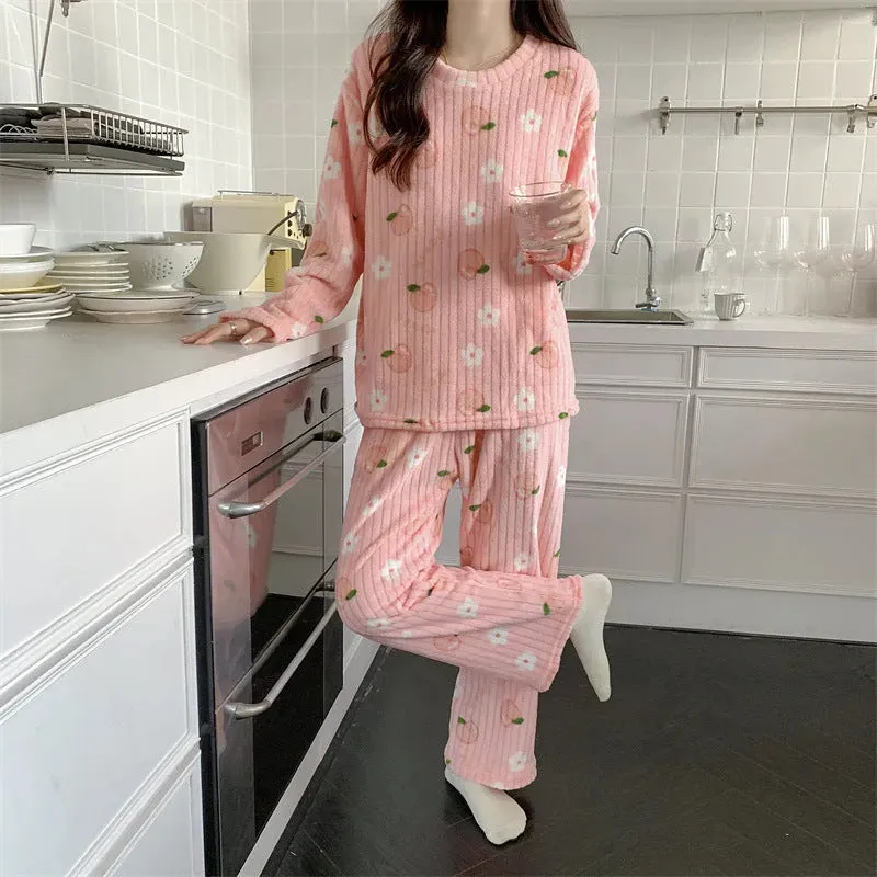 2pcs Women's Fall Winter Warm Pajamas Sets Coral Long Sleeve Cute Cartoon Bear Sleepwear Nightclothes