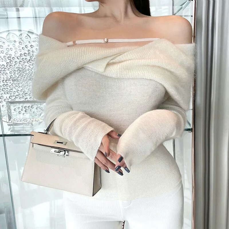 ASHORE Shop Casual Slim Knitted Pullovers For Women Slash Neck Long Sleeve Elegant Sweater