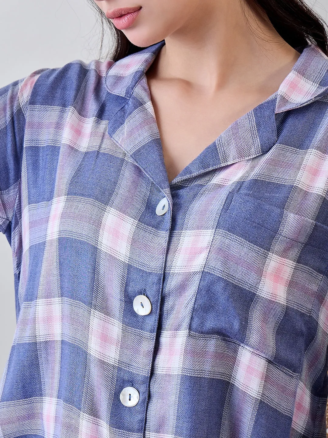 Blue and Pink Checks Viscose Sleep Shirt