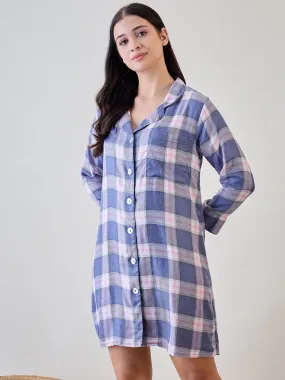 Blue and Pink Checks Viscose Sleep Shirt