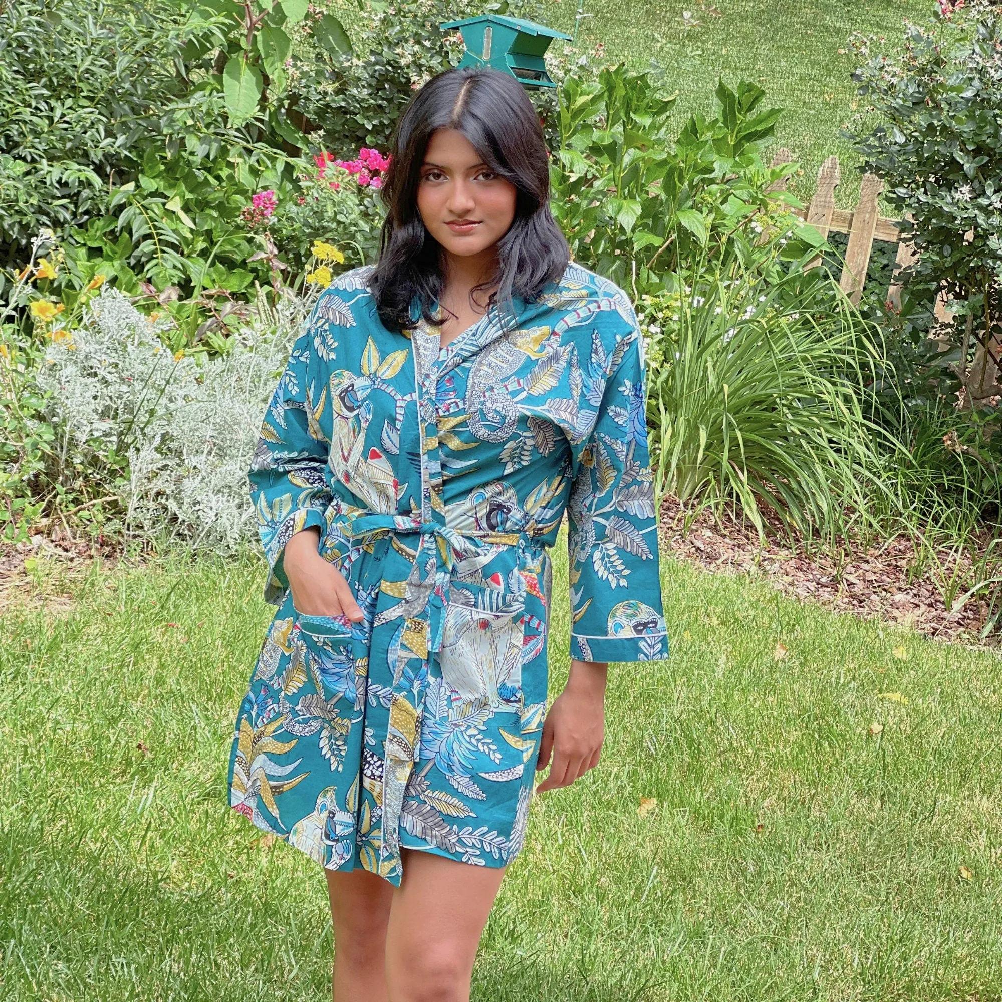 Blue floral block print short cotton kimono robe, Blue bird print, House robe for women, Lounge Wear, Birthday gift for wife girlfriend mom