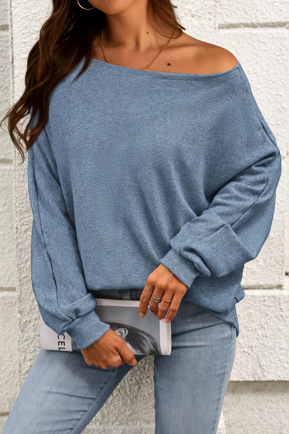 CFLONGE Women's Fall Sweaters 2024 Casual Oversize Pullover Batwing Long Sleeve Drop Shoulder Sweater Loose Knit Jumper Tops(Grey Blue,Medium)