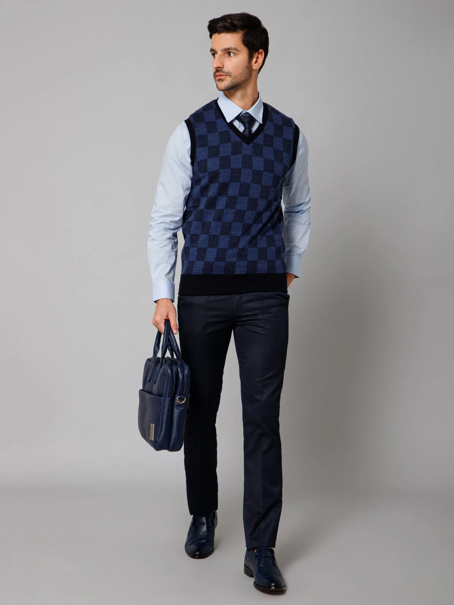 Checkered Navy Blue Sleeveless V Neck Regular Fit Casual Sweater for Men