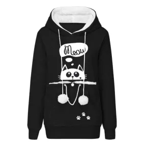 Cozy Cat Hoodie Mit Print With Large Pockets – Women’s Vintage Clothing Hoodies