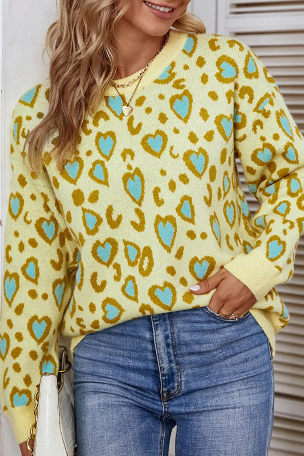 Crew Neck Heart Print Sweater #142233