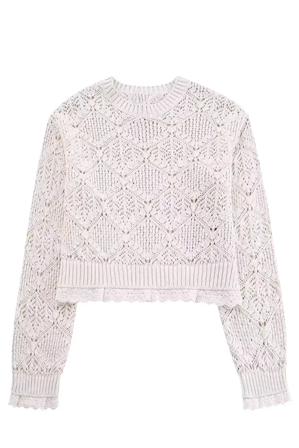 'Eleanor' Round Neck Embroidered Trim Crochet Sweater