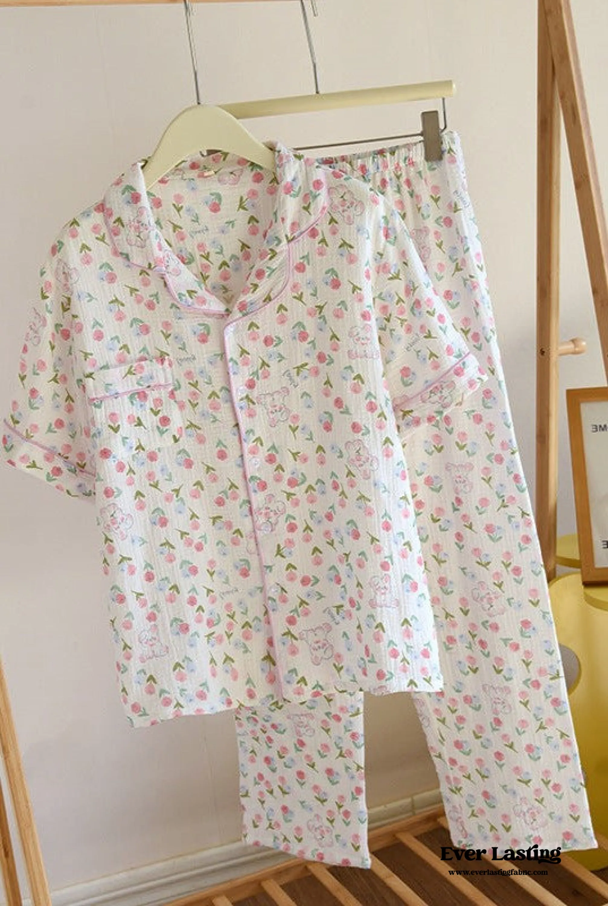 Floral Garden Short Sleeves and Pants Cotton Pajama Set / Blue