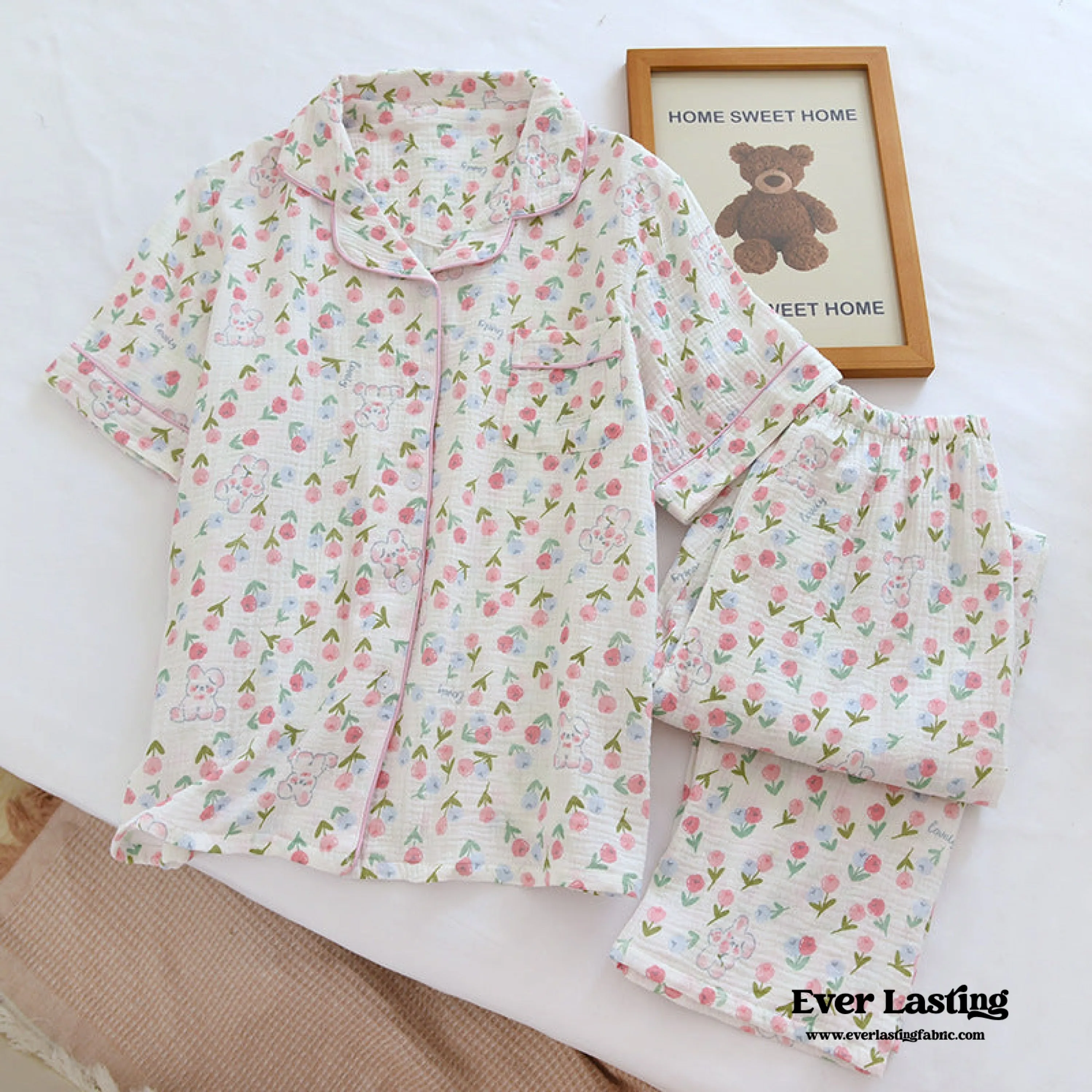 Floral Garden Short Sleeves and Pants Cotton Pajama Set / Blue