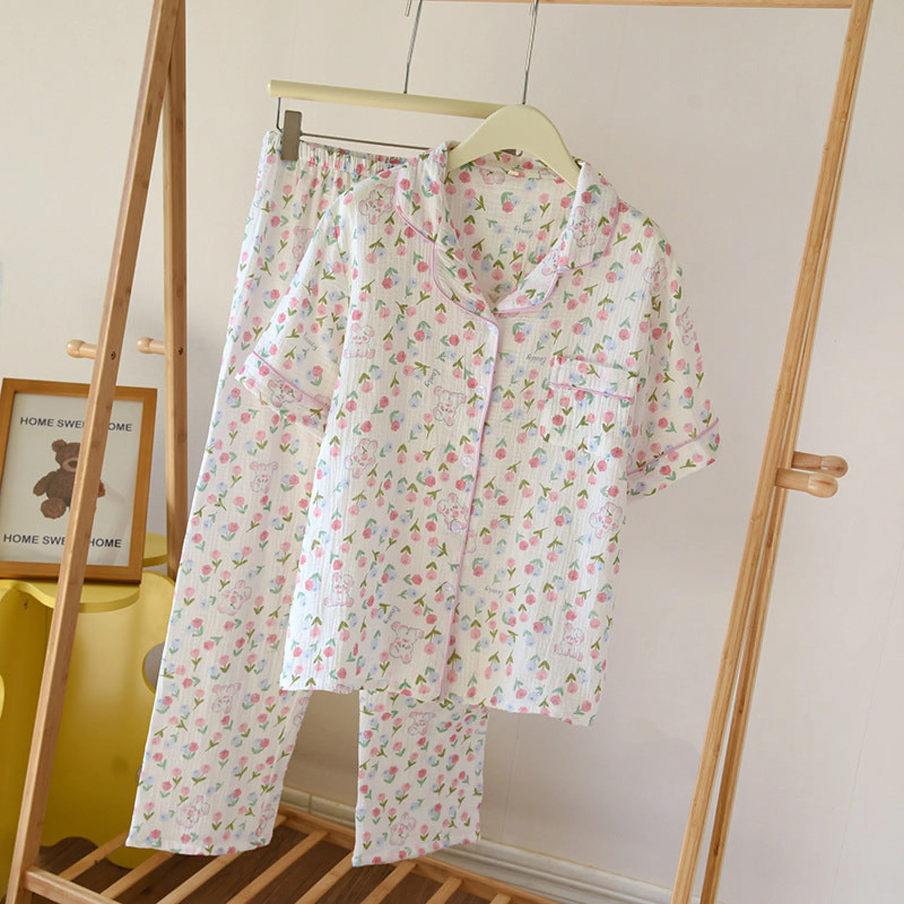 Floral Garden Short Sleeves and Pants Cotton Pajama Set / Blue