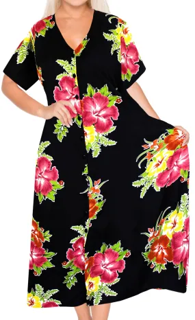 La Leela Floral Womens Beach Cover up Button Closure Evening Dress Caftan MAXI r