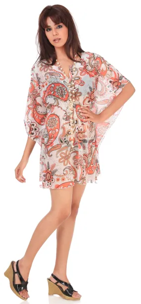 La Leela Super LIGHTWEIGHT CHIFFON Dancing Paisley Swim Cover up Dress Orange