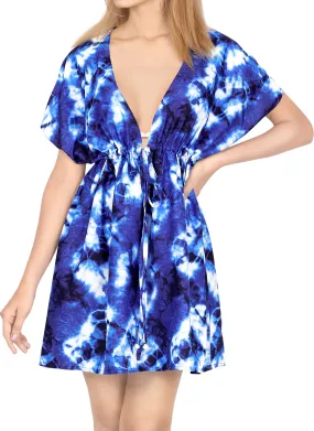 LA LEELA Women'sTie Dye Printed Short Dress Cover-ups M-L Royal Blue_AA506