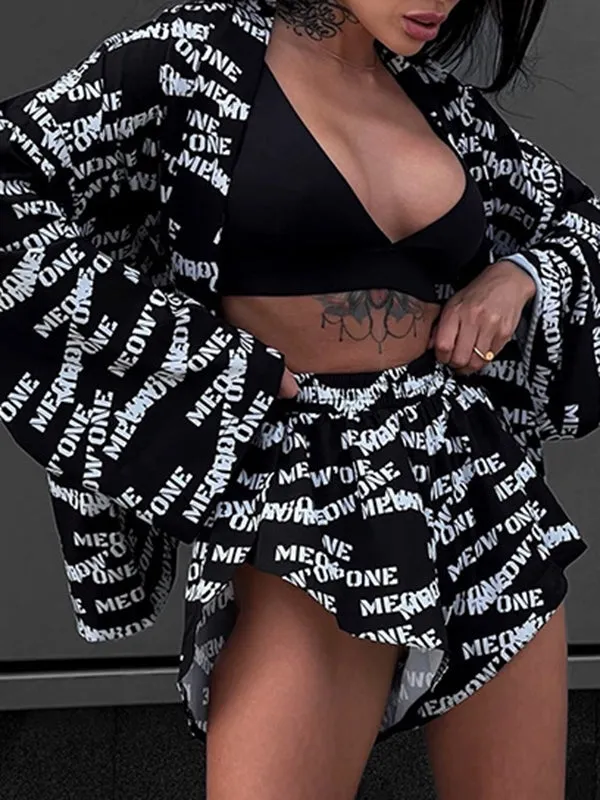 Loose  Printed  Long Sleeves Tied Waist Robes   High-Waisted Short Bottom Robes Pajama Sets