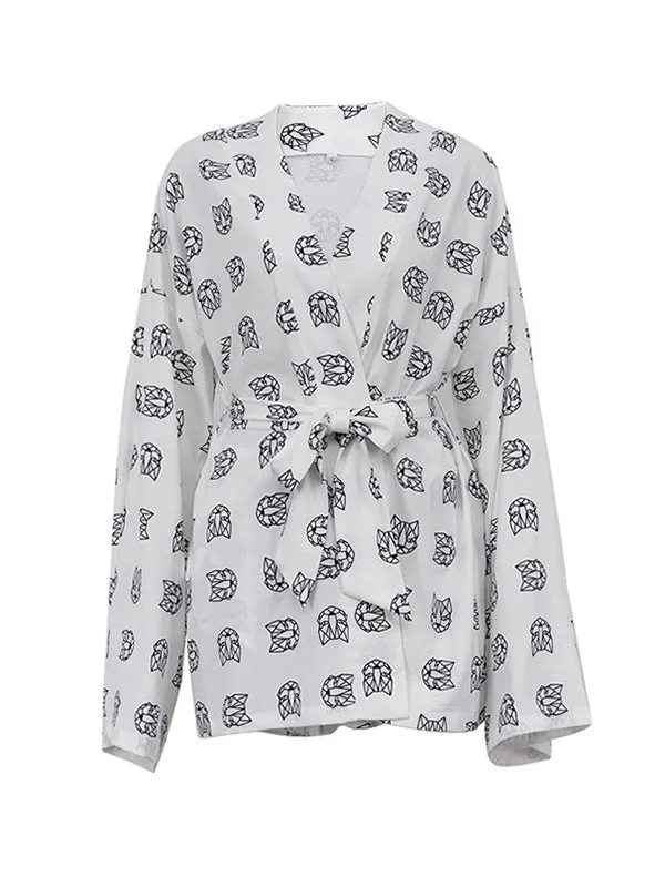 Loose  Printed  Long Sleeves Tied Waist Robes   High-Waisted Short Bottom Robes Pajama Sets