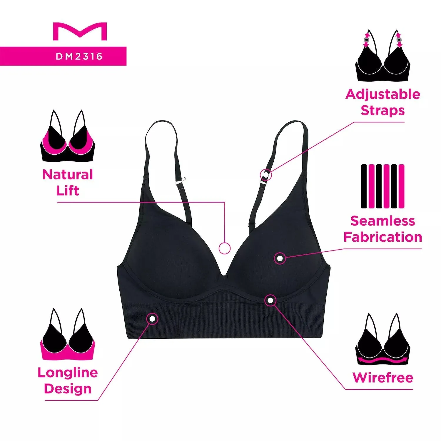 Maidenform Pure Comfort Natural Lift Longline Slip-on Bra DM2316 Maidenform, black