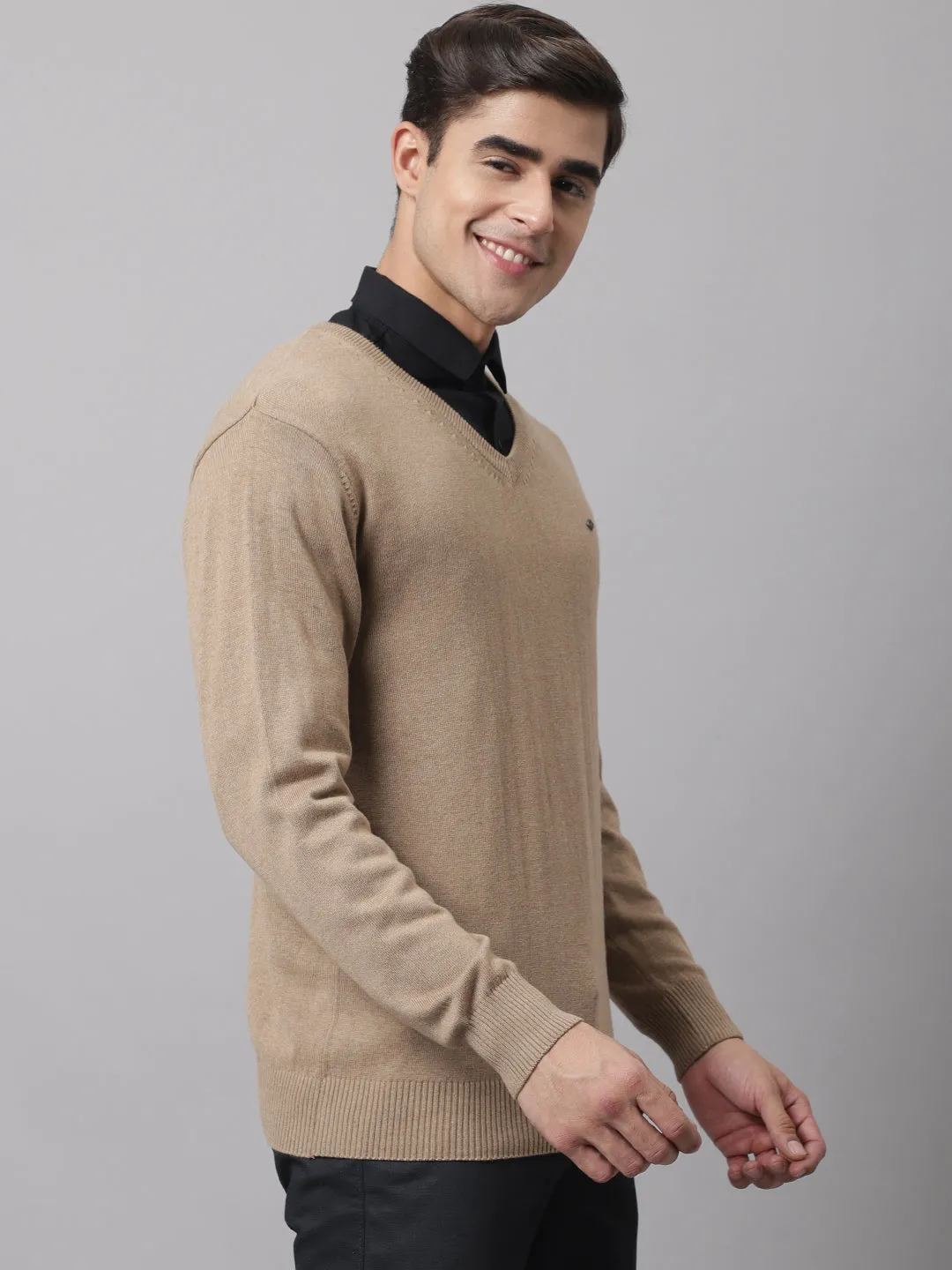 Men Beige Melange Sweater