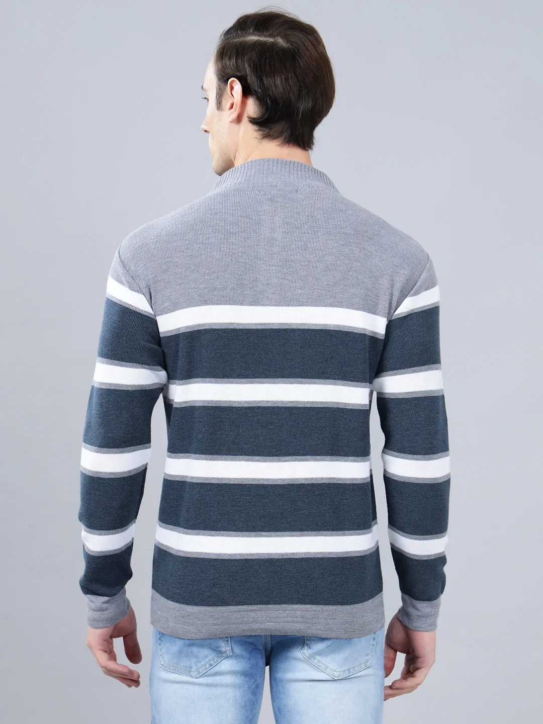 Men's Blue Striped Full Sleeve Sweater