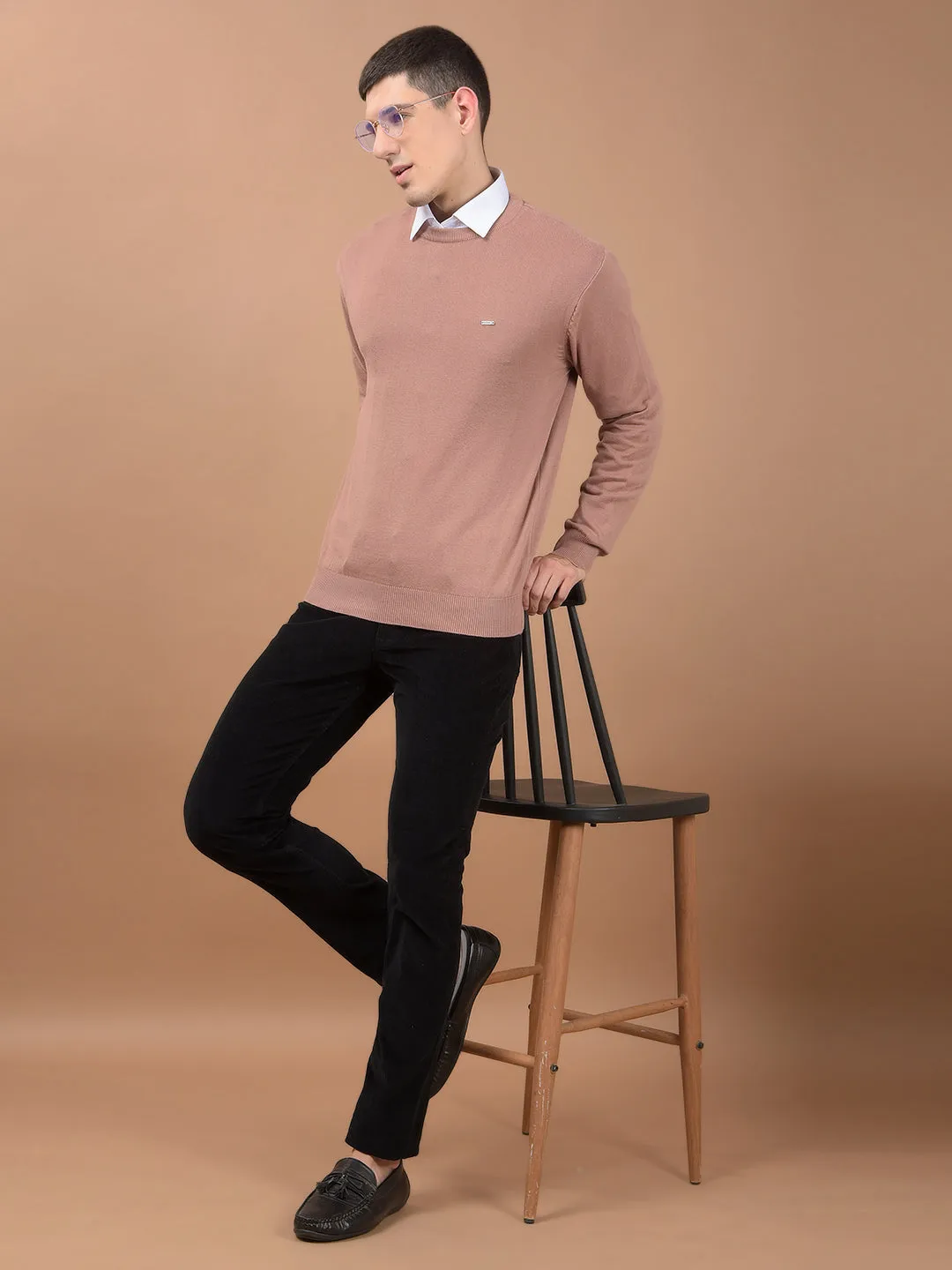 Men's Dusty Pink Solid Full Sleeve Sweater