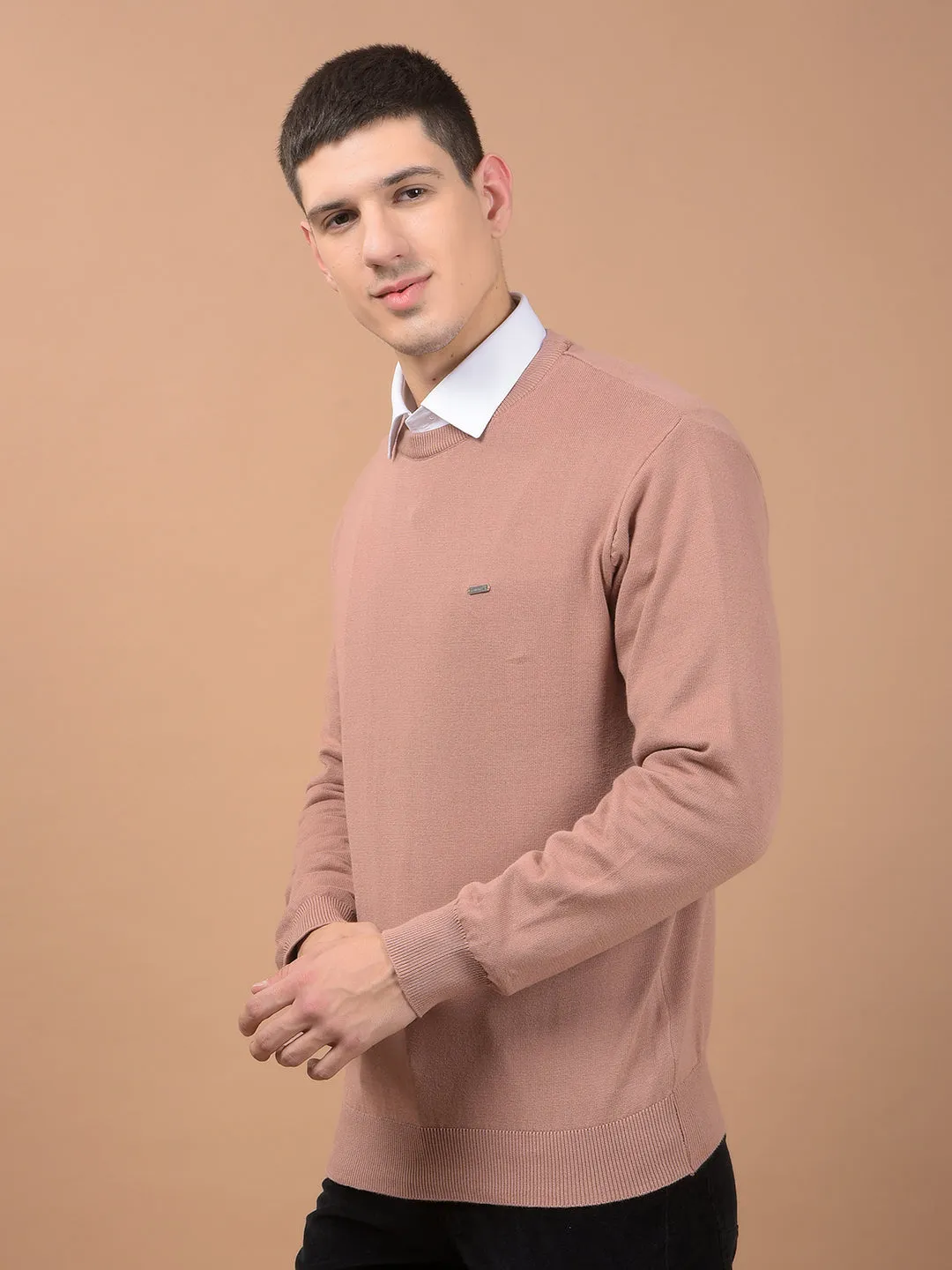 Men's Dusty Pink Solid Full Sleeve Sweater