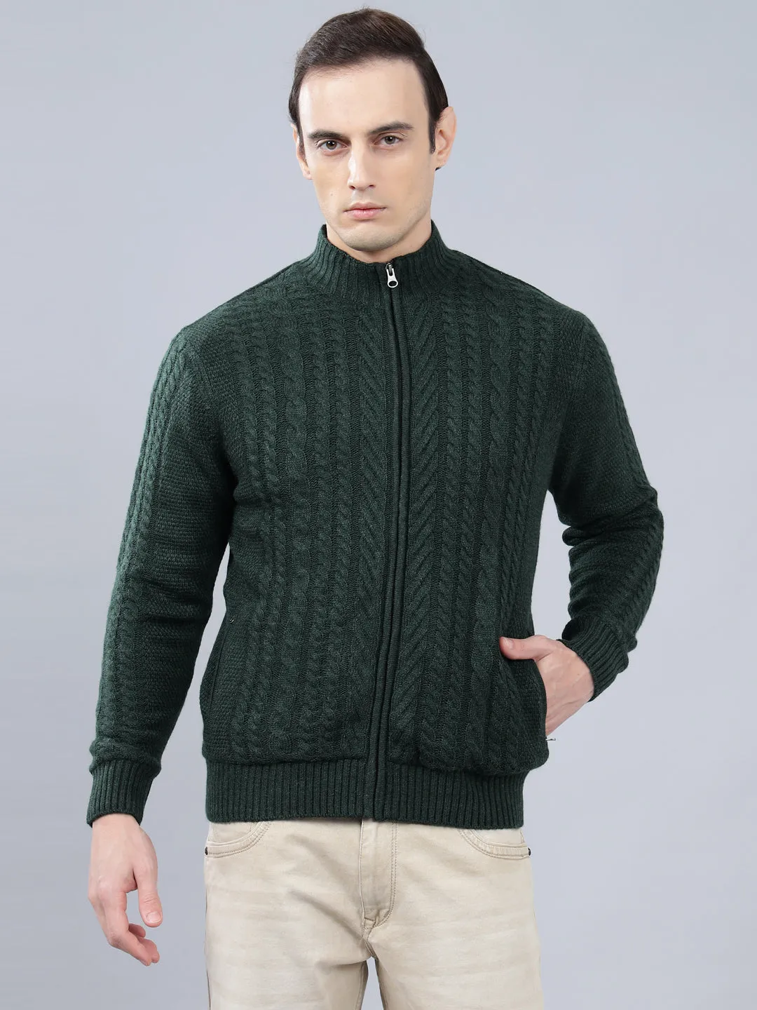 Men's Jacquard Green Full Sleeve Sweater