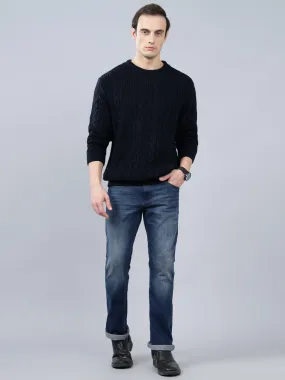 Men's Jacquard Navy Blue Full Sleeve Sweater