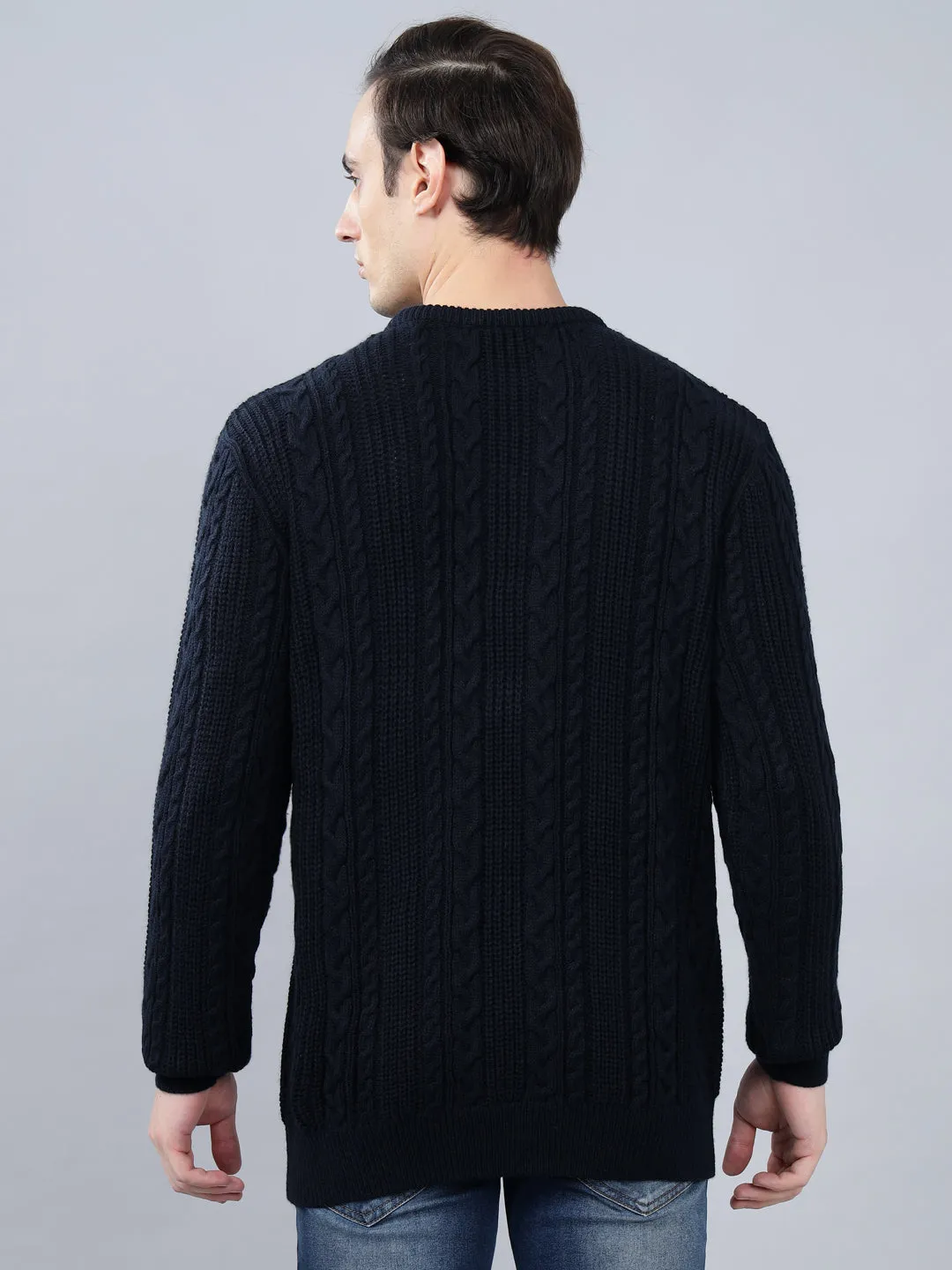 Men's Jacquard Navy Blue Full Sleeve Sweater