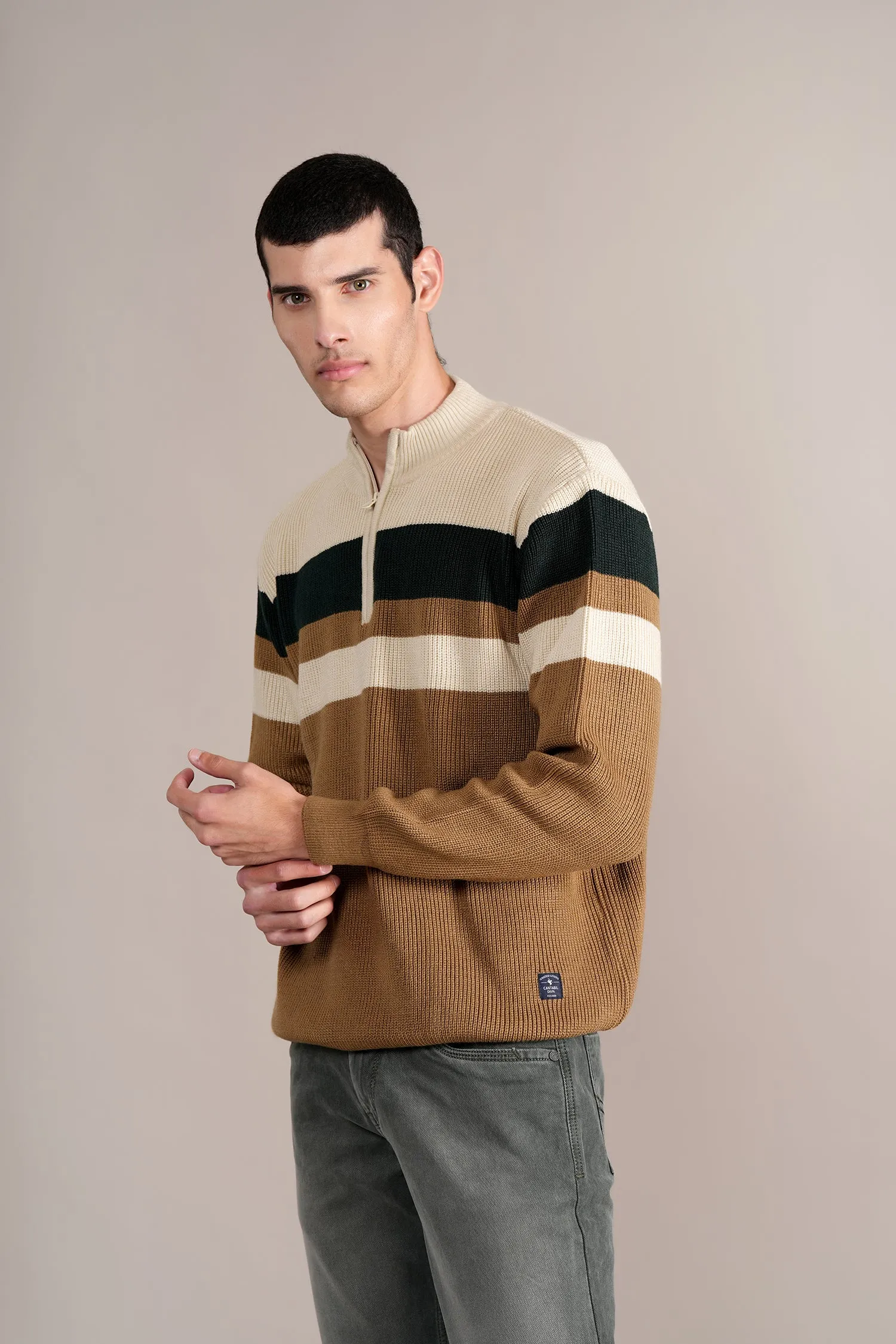 Men's Khaki Colorblock Full Sleeve Sweater