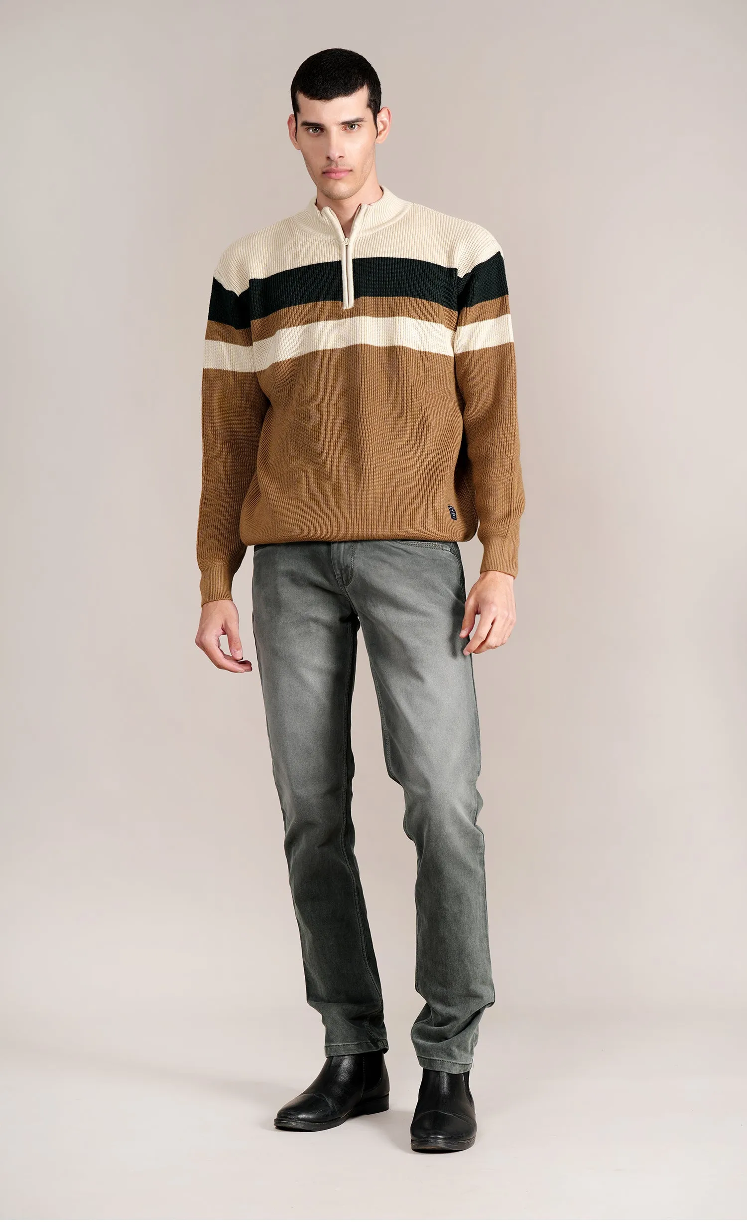 Men's Khaki Colorblock Full Sleeve Sweater