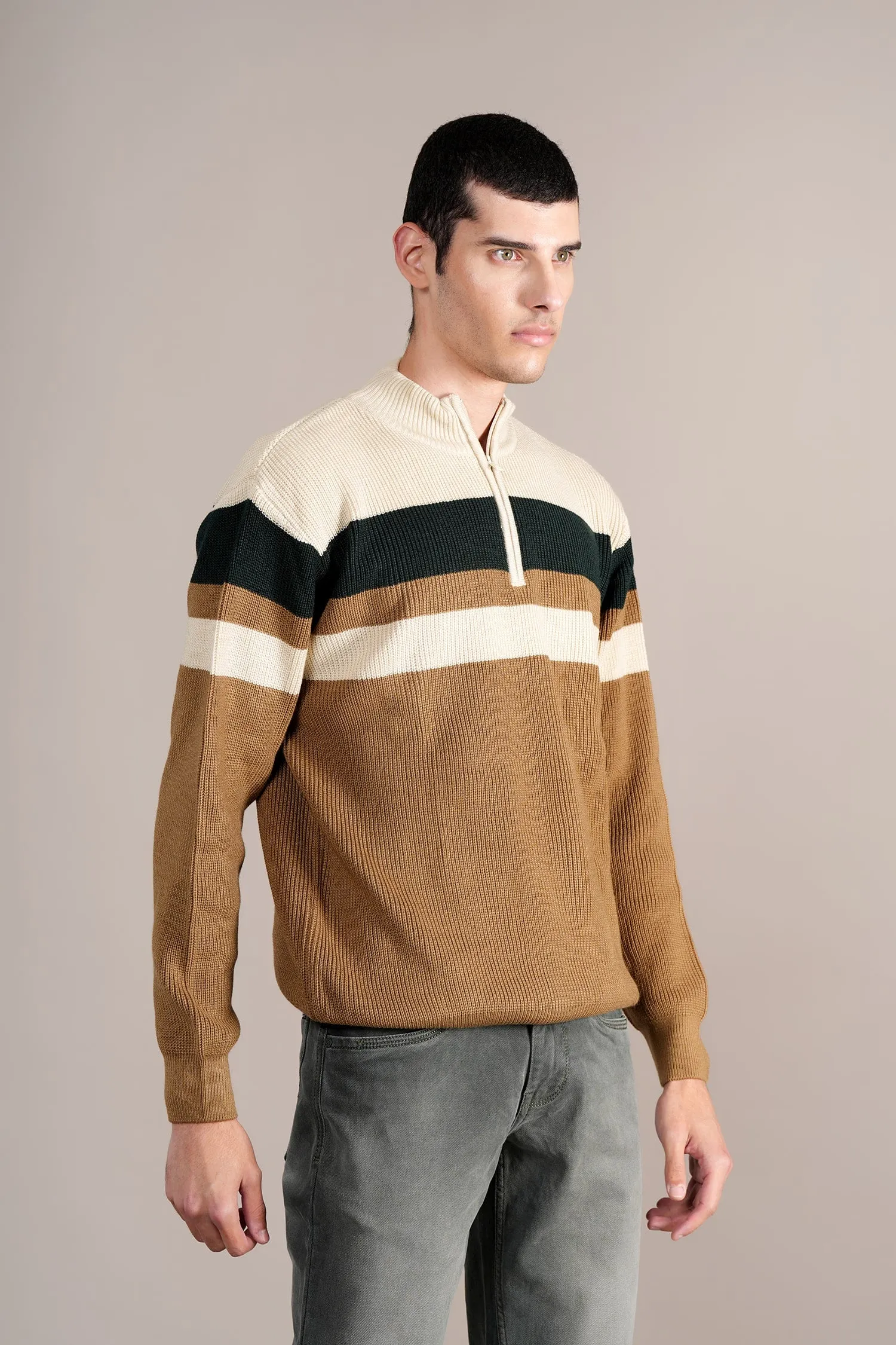 Men's Khaki Colorblock Full Sleeve Sweater