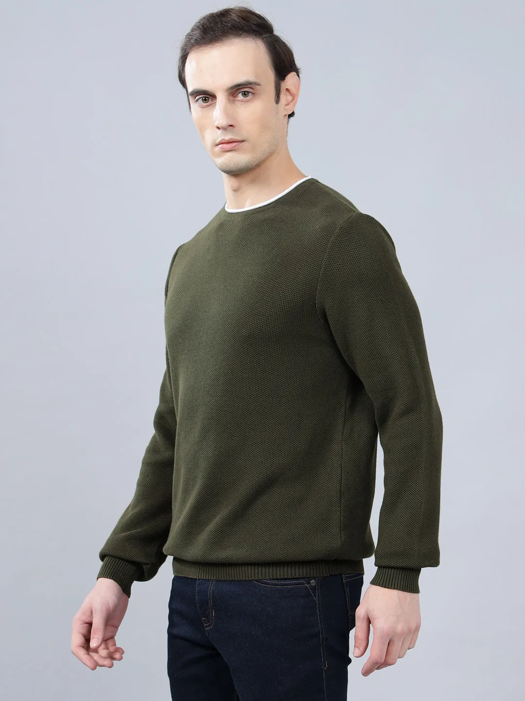 Men's Olive Green Self Design Full Sleeve Sweater