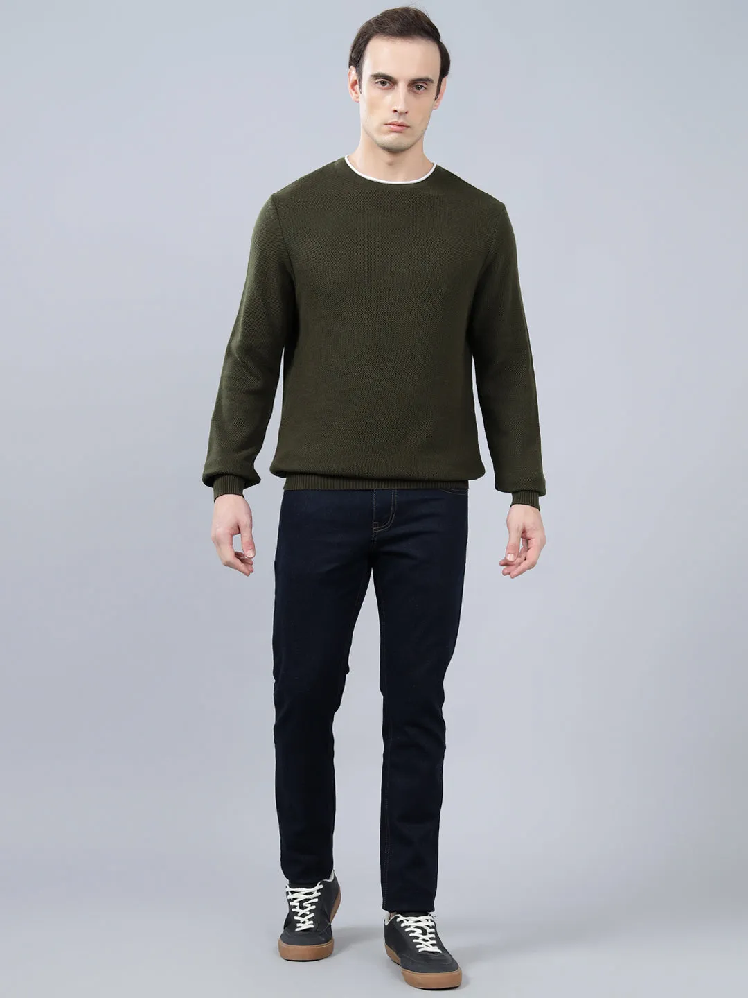 Men's Olive Green Self Design Full Sleeve Sweater