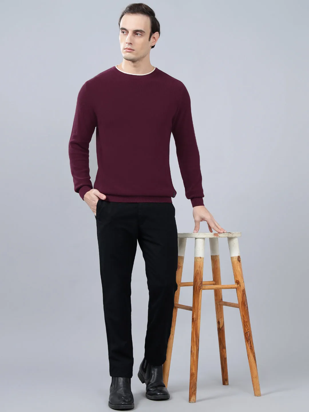 Men's Purple Self Design Full Sleeve Sweater