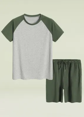 Men's Raglan Shirt and Shorts Pajamas Set with Pockets