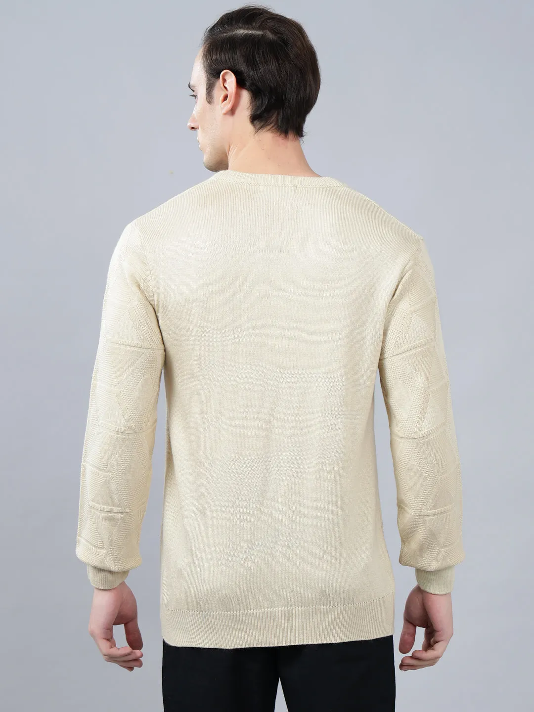 Men's Self Design Beige Full Sleeve Sweater