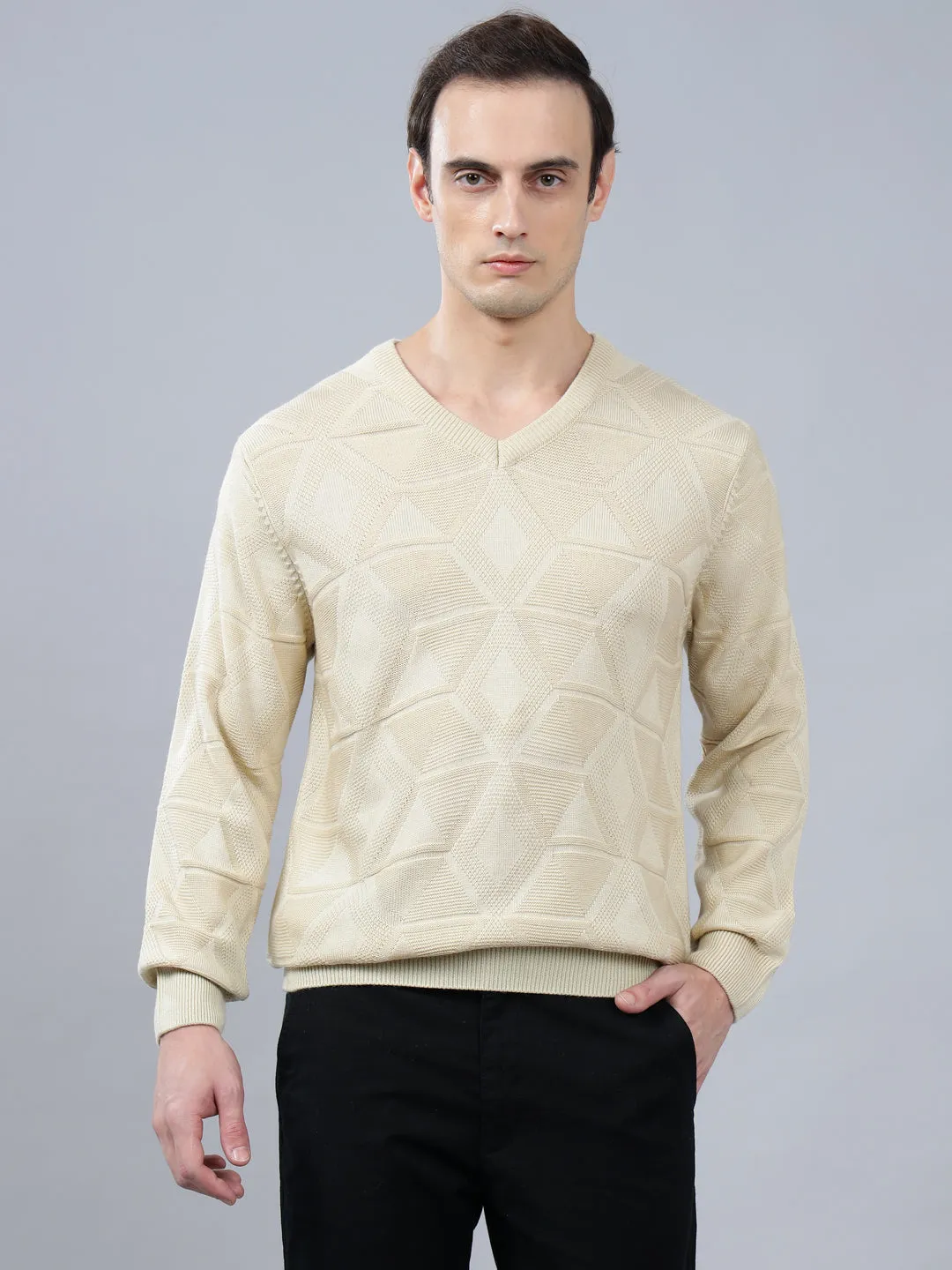 Men's Self Design Beige Full Sleeve Sweater