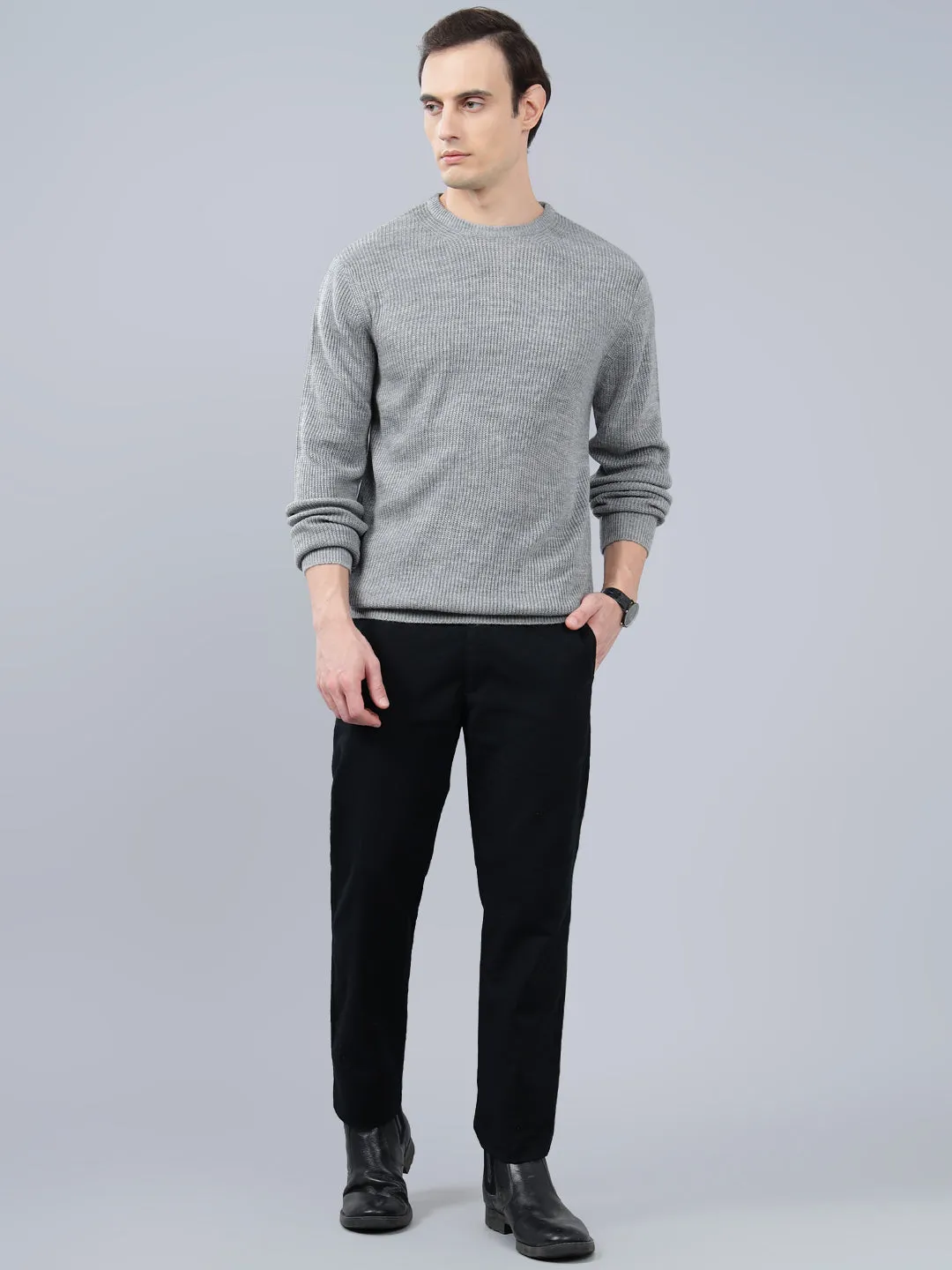 Men's Solid Grey Full Sleeve Sweater