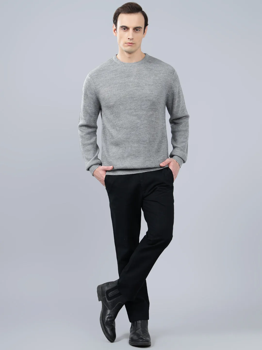 Men's Solid Grey Full Sleeve Sweater